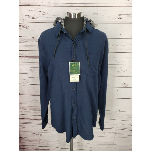 Nomad Men’s Button Up Shirt Jacket Blue Hoodie With Camo Hood. Size Large NWTS - Picture 5 of 6